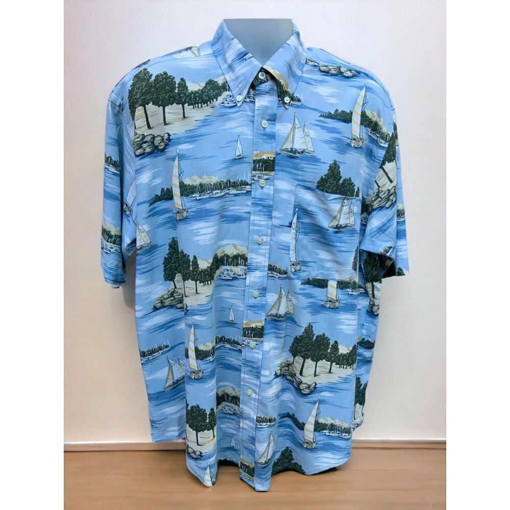 NAUTICA BUTTON DOWN COLLARED SHORT SLEEVE BLUE NAUTICAL THEMED SHIRT SIZE LARGE